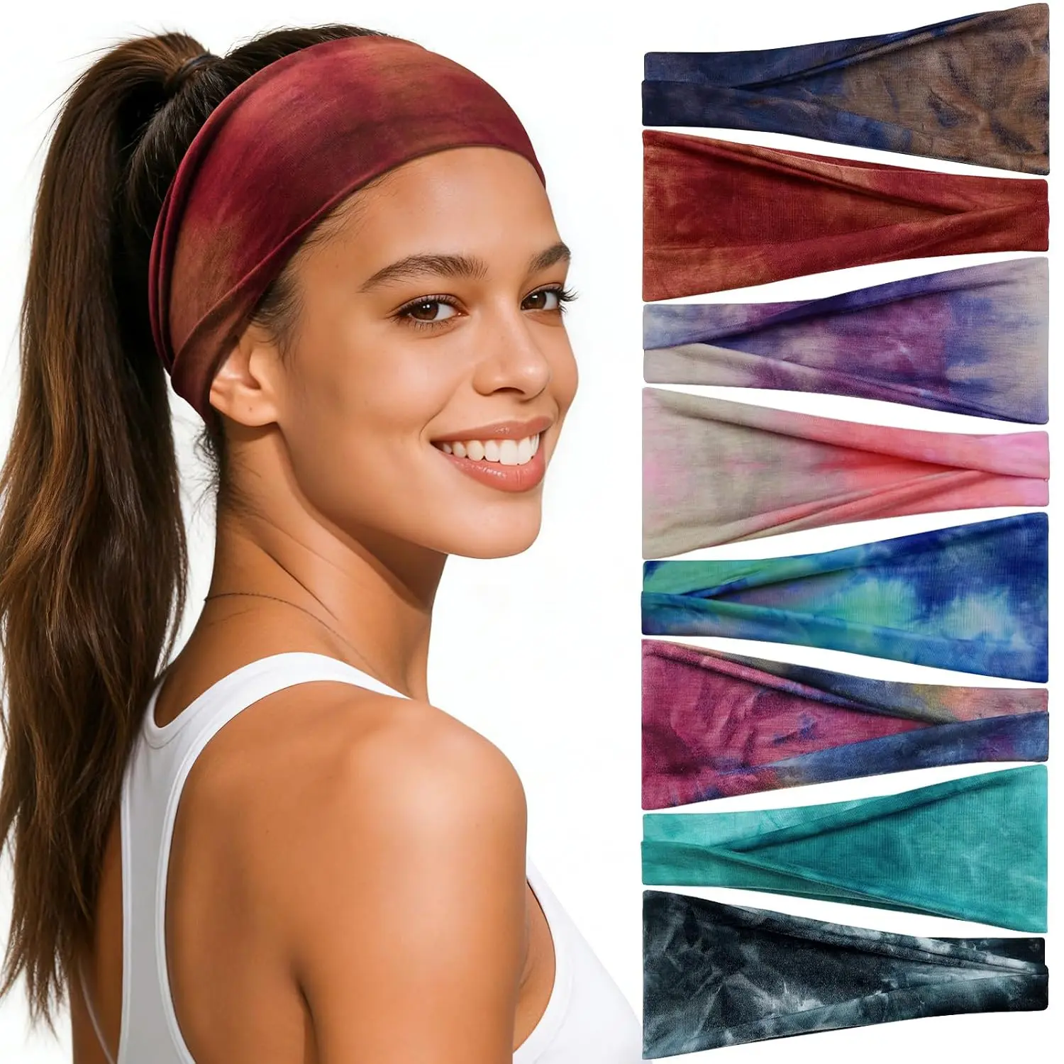 8 Pack Wide Headbands for Women Stretch Sweat Wicking Hair Bands 95% Polyester 5% Spandex Floral Printed Head Wraps for Yoga Running Workout