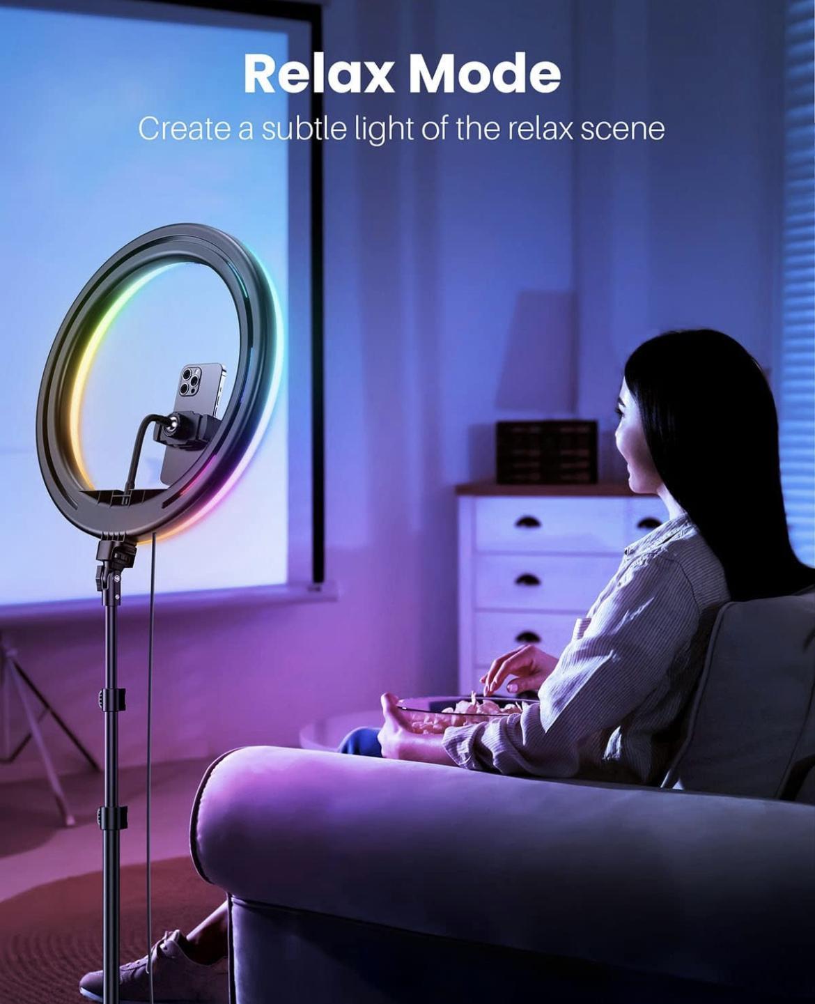 12’’ RGB Selfie Ring Light with 65’’ Tripod & Phone Holder, 10 Dimming Levels with Multiple Colors, Great for Recording, Streaming, Makeup, and Vlog Cellphone Smartphone