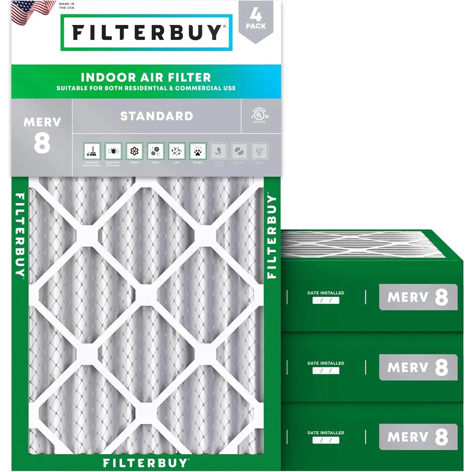 Filterbuy 14x24x4 Home HVAC AC Furnace Heat Pump Air Filter (4-Pack) - Pleated MERV 8 Budget Dust Protect Filter (Actual Size: 13.50x23.50x3.75 Inches)