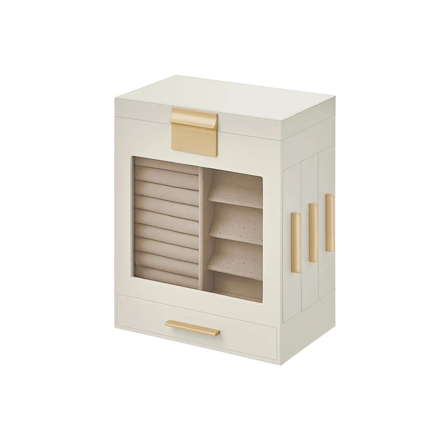 SONGMICS Freestanding 5-Layer Irregular Glass Window Jewelry Organiser with 3 Side Drawers, Home Storage Box, Ideal Gift for Jewelry Lovers, Windows