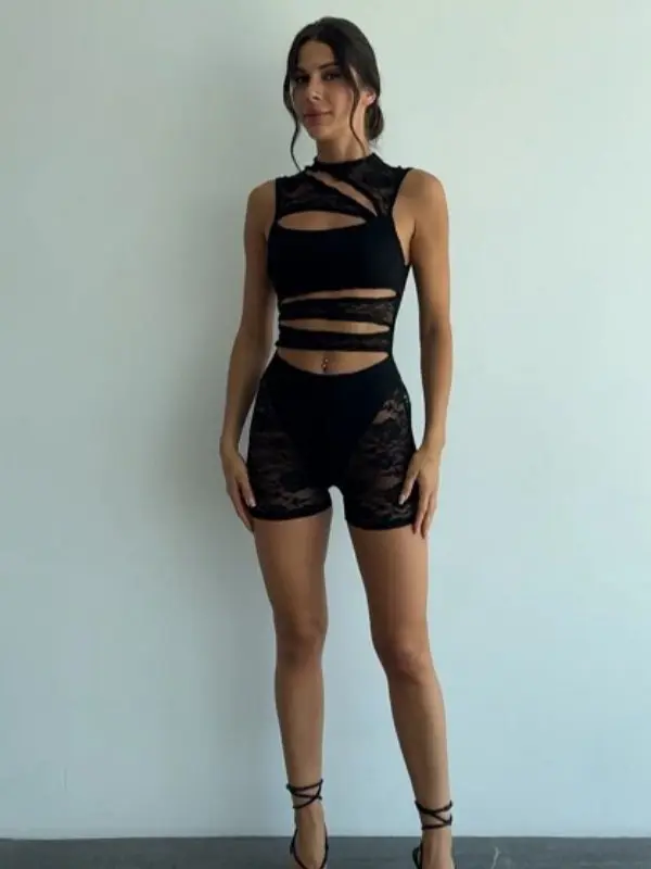 Sexy See-Through Lace Cutout Detail Bodycon Romper Fashion Fit Womenswear