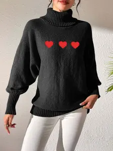 Plain Color Block Heart High Neck Sweater, Loose-Fitting Casual Knit for Fall & Winter, Comfortable Heart Pattern Design