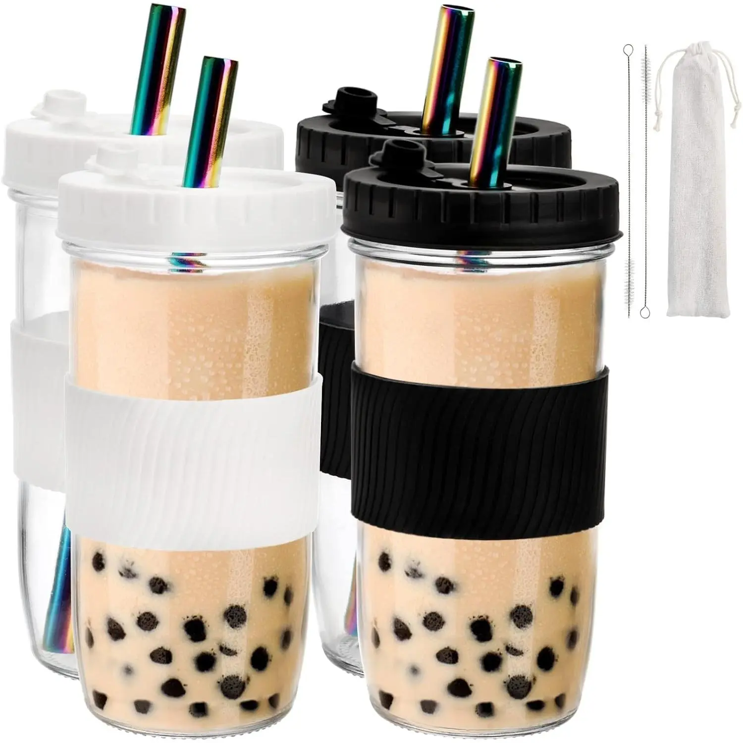 4 Pack 24 Oz  Boba Cups with  and Straw, Iced Coffee & Smoothie Cups, Bubble  & Mason Jar Style with  Sleeve, , Dishwasher Safe, 2 Colors