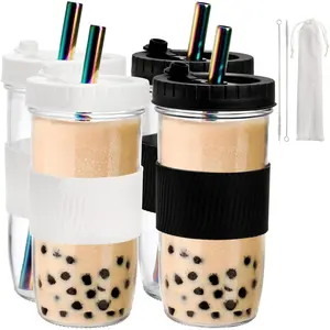 4 Pack 24 Oz  Boba Cups with  and Straw, Iced Coffee & Smoothie Cups, Bubble  & Mason Jar Style with  Sleeve, , Dishwasher Safe, 2 Colors