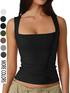 Women's Sexy Slim-Fitting Sleeveless Basic Top, Plain Square Neck Design, Short Clothing Style, Perfect for Casual Wear & Layering