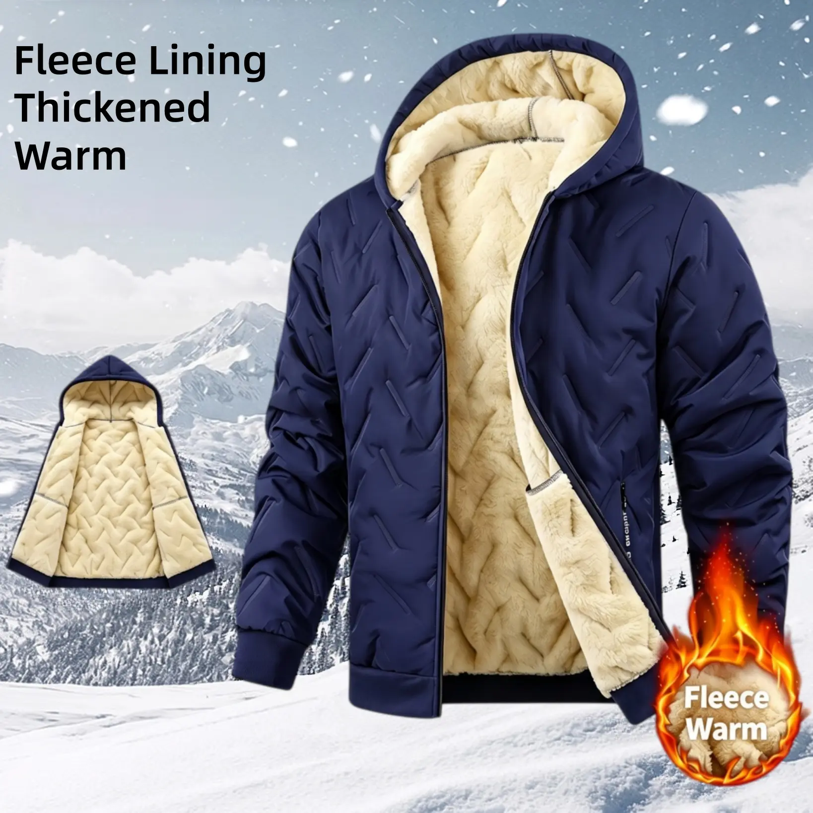 Men’s warm jacket, fleece-lined jacket with down insulation, winter windbreaker made from a twill fabric with a windproof finish, side zipper pockets paired with ribbed cuffs, relaxed, insulated fit suitable for harsh outdoor conditions and everyday commu