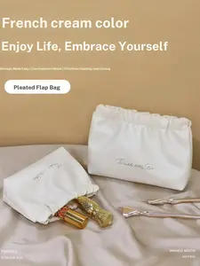 High-Profile Pleated Bag, Cosmetic Pouch, Storage Bag, Travel Portable Makeup Bag, Minimalist Solid Pattern, All Seasons Use