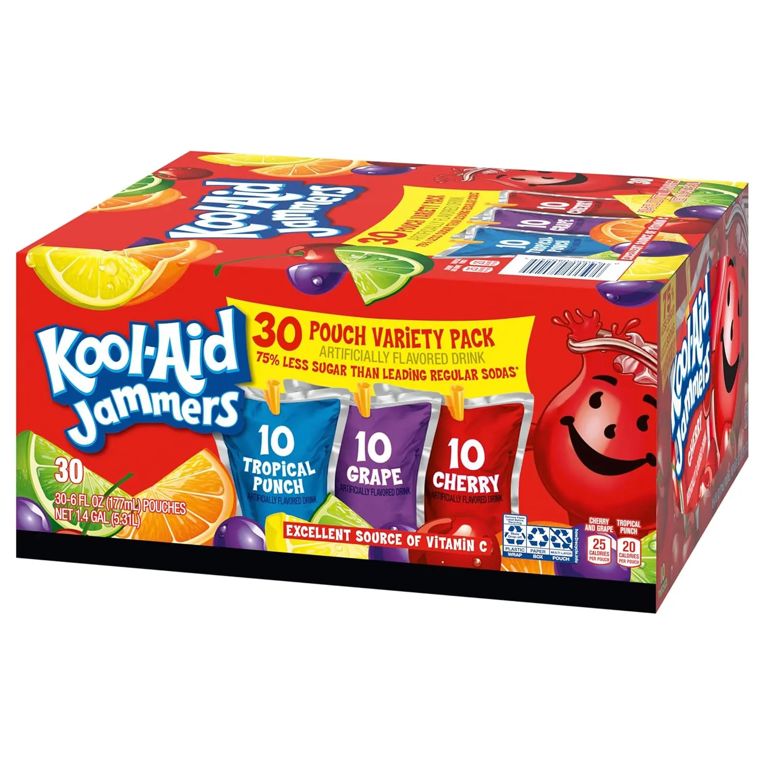 Kool-Aid Jammers Artificially Flavored Drink Pouches - 30 x 6 fl oz, Tropical Punch, Grape & Cherry Flavors, Spice-Infused, for School Lunches & On-the-Go Hydration