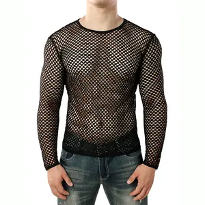 Mens Transparent Sexy Mesh T Shirt 2022 New See Through  Fishnet Long Sleeve Muscle Undershirts Nightclub Party Perform Top Tees