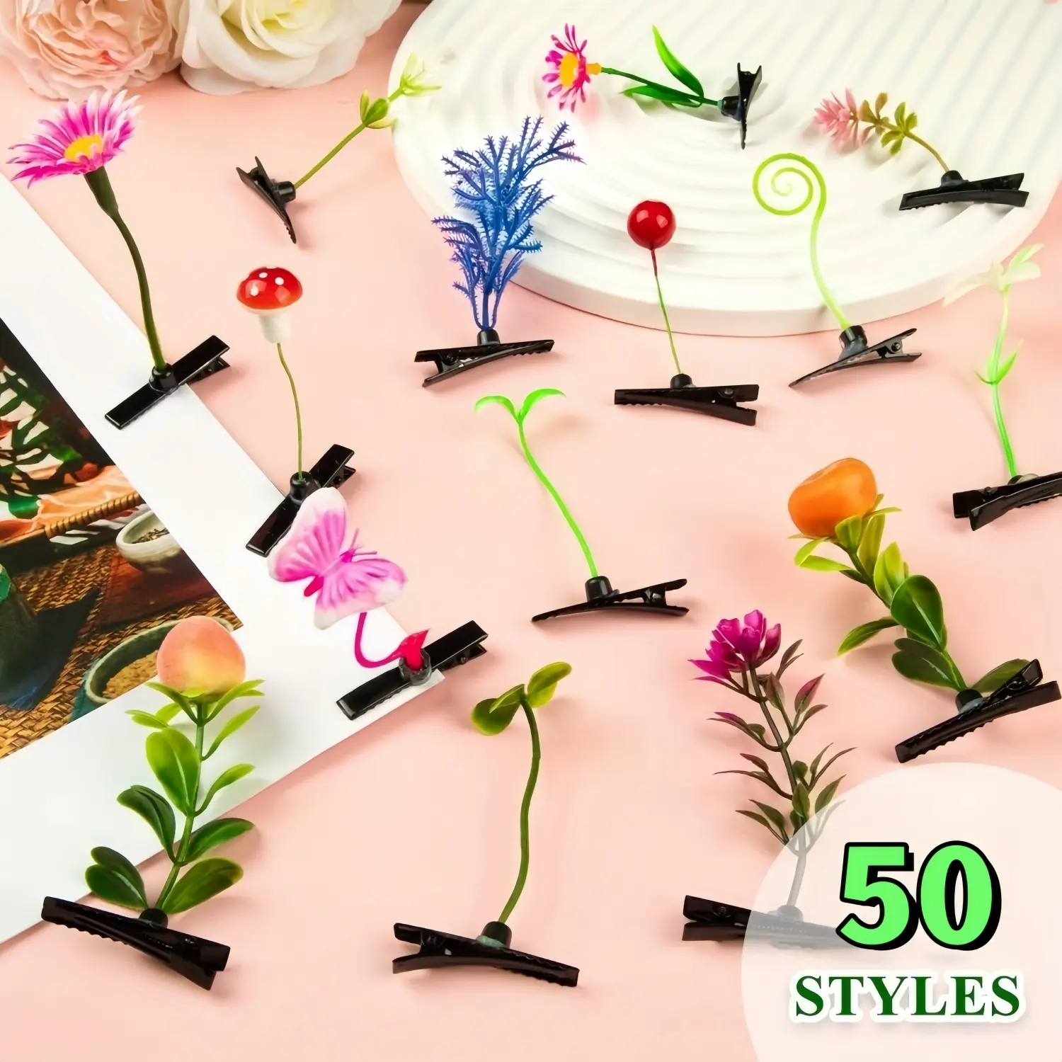 50 PCS Hair Clips Set for Women Girls, Cute Botanical & Floral Hairpins with Assorted Mushroom & Butterfly Shapes, Lightweight Mini Claw Clips for Braids