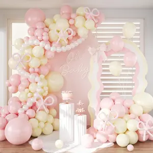 CROSSFINGERS Pink and Yellow Balloon Arch Garland Kit, Coquette Bow Light Pink Yellow Pearl White Balloon with Long Balloons for Birthday Bridal Wedding Baby Shower Party Decorations