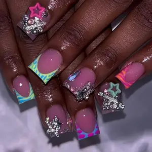 24 Pcs Medium Long Duck Bill Nails, Y2K Macaron French Edge, Zebra & 3D Star Rhinestones, Glitter Rhinestones, Glossy False Nails, Reusable, Party & Streetwear