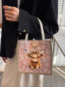 Charming Highland Cow Print Handbag, Multifunctional Linen Bag, Large Capacity Shopping Bag, Perfect for School, Work, Travel, Gift, Top Handle Bag