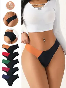 HOTCOM 5-Piece Set Seamless Scallop-Shaped Women's Panties Plain Comfortable & Breathable Thong Ice Silk All-Season Wear