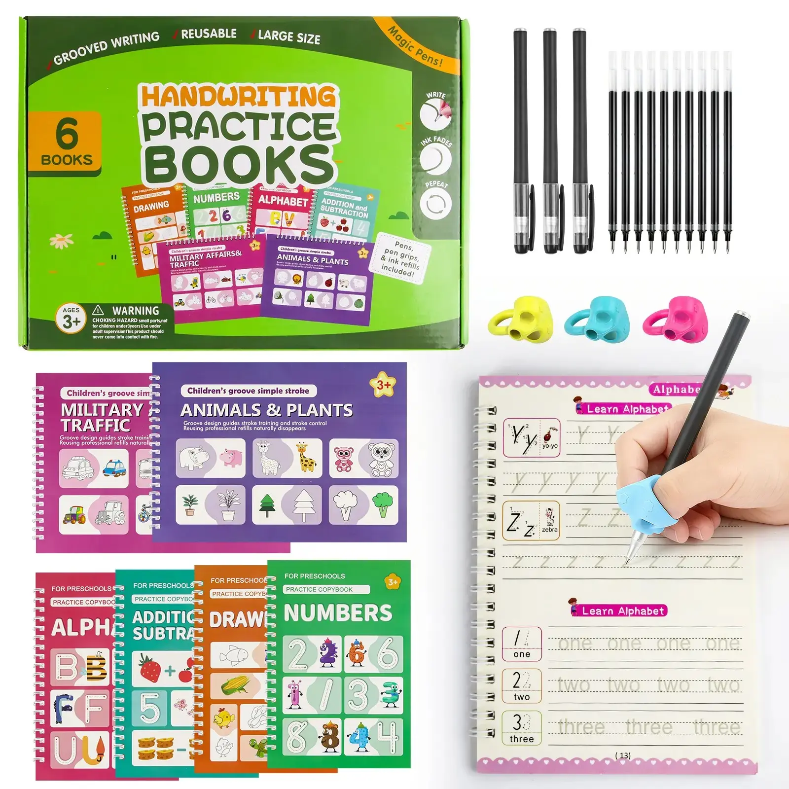 2026 Reusable Grooved Handwriting Workbook for Kids, Learning Materials, 6 Books–Early Elementary, Covers Math, Words, Drawing –Gift for Children Lettering Spiral Notebook school supplies,Back-to-School Gifts