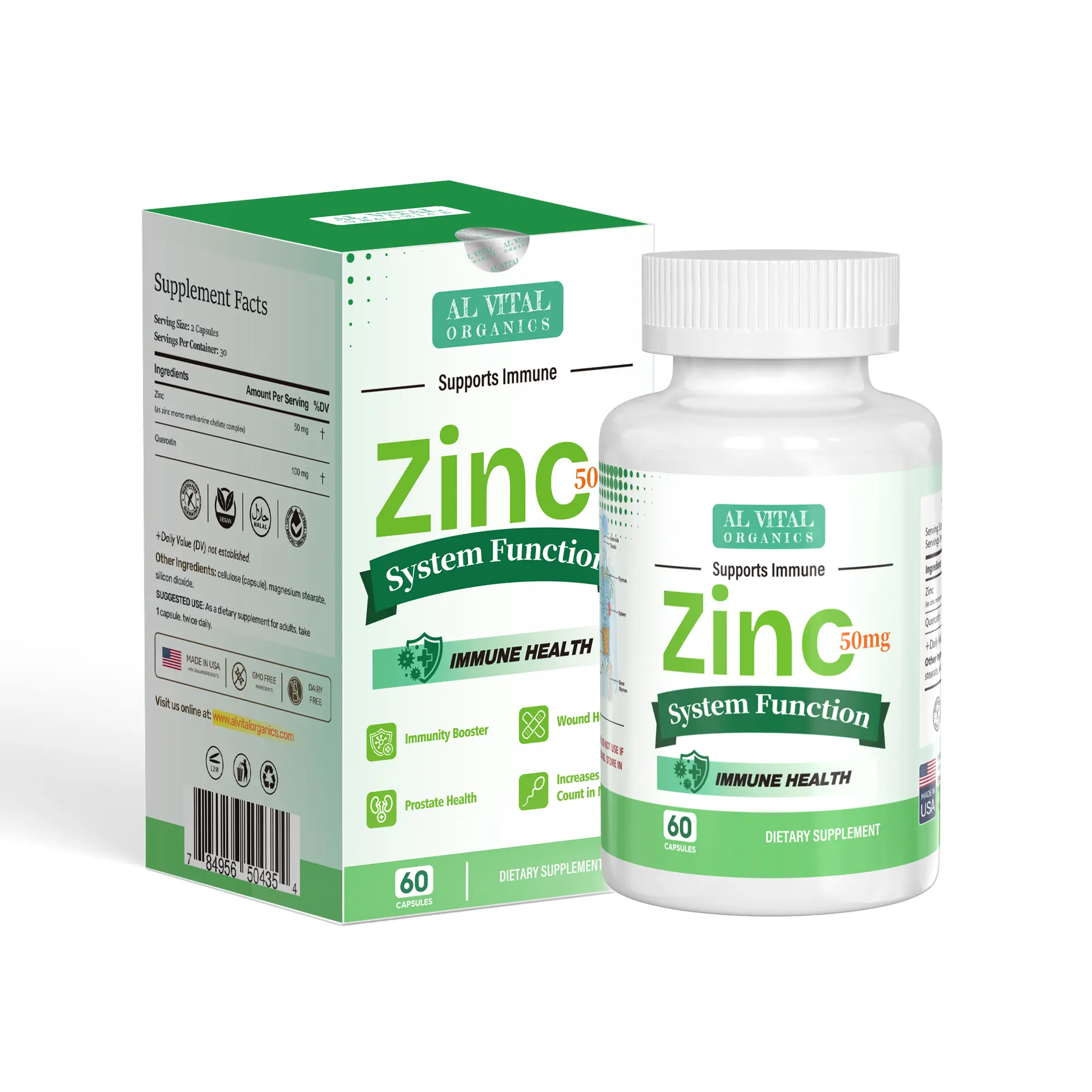 Al Vital Organics Zinc Supplement 50mg - 60 Tablets - Supports Immune System & Health - Natural Organic Zinc for Dietary Needs - Edible Vitamin - US Made - Healthcare Fitness