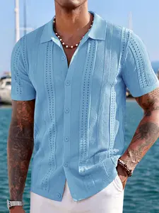 Men's Short Sleeve Eyelet Knitted Shirts Summer Solid Color Crewneck Button Down Top Hollow Out Design Breathable and Soft Cardigan Commuting Workout Outdoor Activities Music Festival