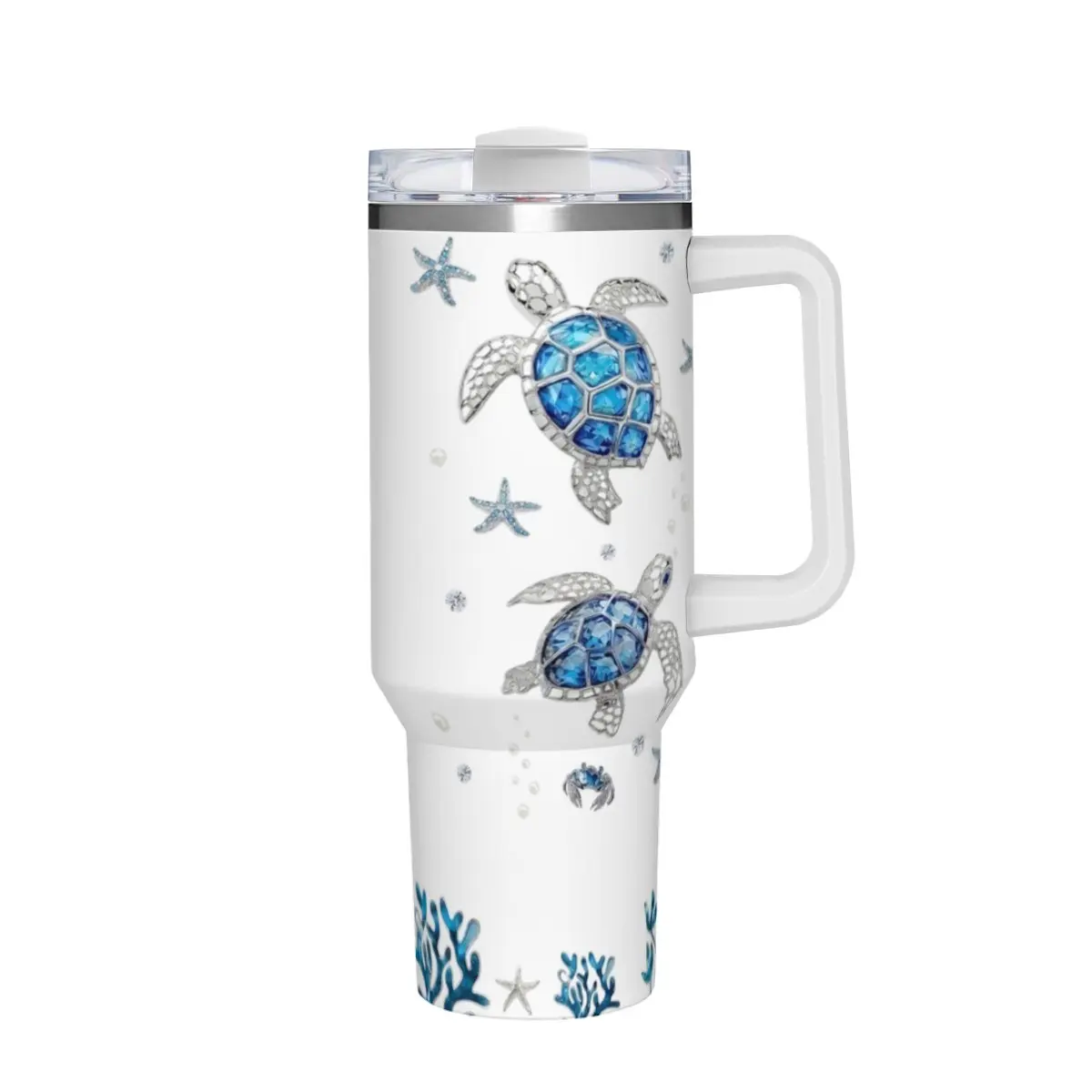 Blue Gemstone Sea Turtle Starfish Coral Print 40oz Tumbler With Handle, Stainless Steel Vacuum Insulated Travel Coffee Mug, Ocean Beach Theme Car Water Cup Gift For Sea Lovers