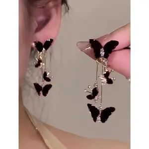 1 Pair of Chic Black Butterfly Long Tassel Earrings, Versatile for Everyday Wear
