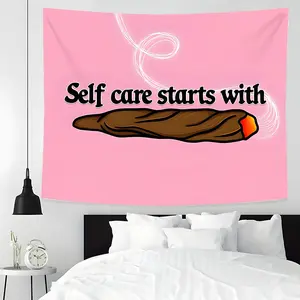 Funny Self Care Design Large Tapestry, Pink Aesthetic Meme Wall Hanging with "Self Care Starts With" Quote, Y2K Trendy Dorm Room Decor, Easy to Clean, Multiple Sizes, Home Decor for Living Room Bedroom, Great Gift for Family And Friends