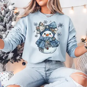 Denim Snowman Sweatshirt, Blue Floral Scarf Snowgirl Sweater, Cozy Winter Cute Pullover, Trendy Snowlady Crewneck, Gift For Her Him, Unisex Cotton Top