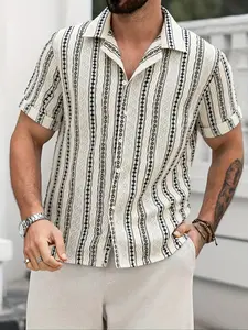Men's Regular Fit Tropical Geometric Print Stripe Short Sleeve Shirt, Casual Fashion Comfy Shortsleeve Top for Daily Outdoor Wear, Men Clothes for Summer, Menswear