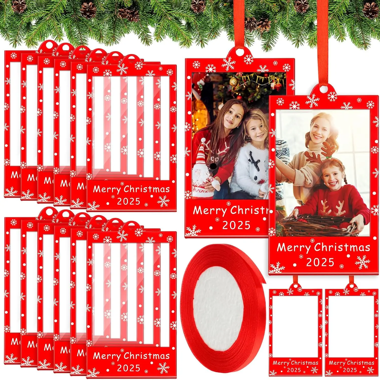 Vercraft 12 Pcs Merry Christmas 2026 Photo Frame Ornaments Acrylic 2 x 3 Picture Frame Ornaments Christmas Tree Decoration Compatible with Instax Polaroid Hanging Photo with Red Ribbon (Style 1)
