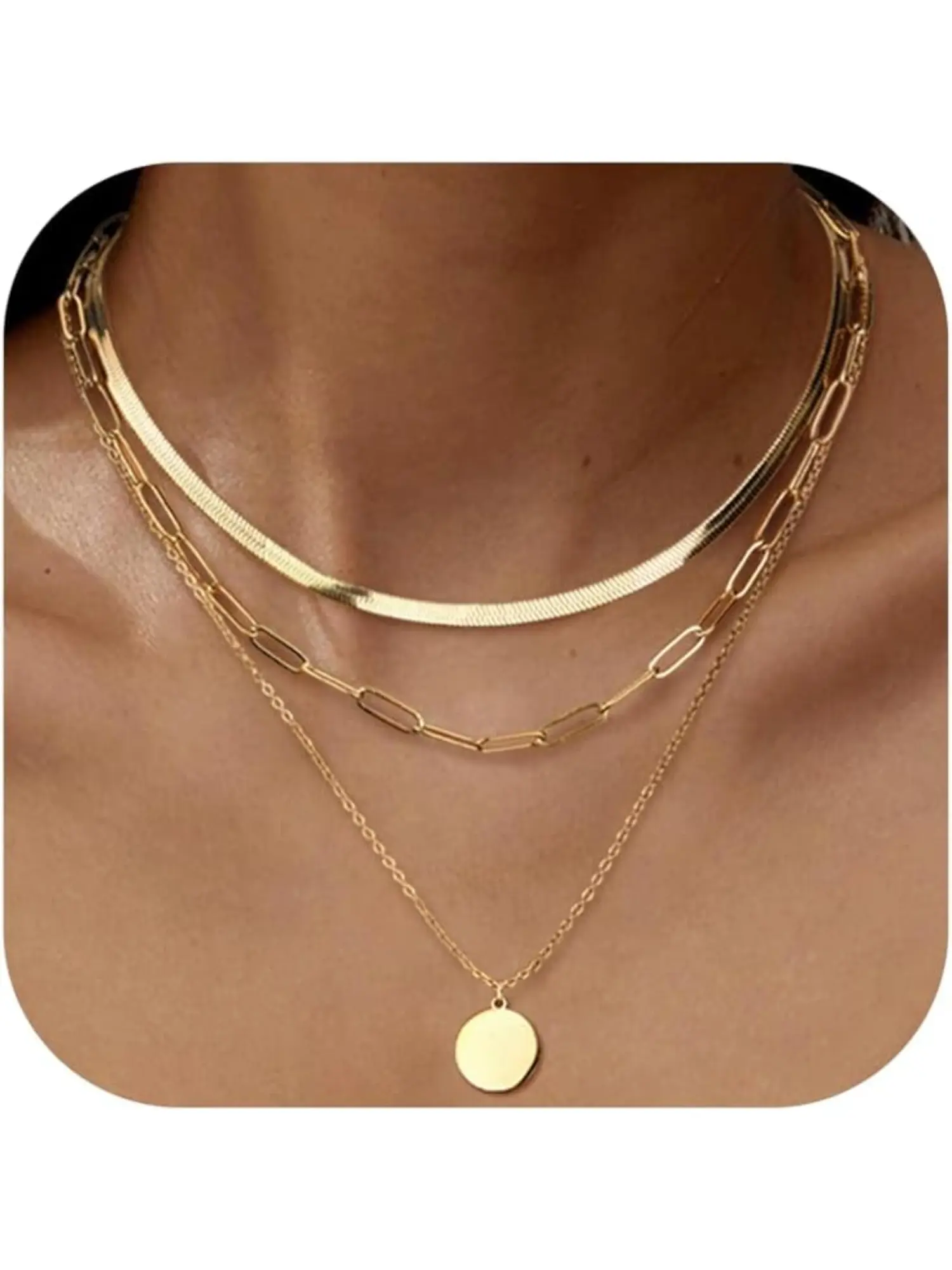 3Pcs Necklace Ladies Stainless Steel Necklace Gold-plated 14K Elegant Necklace Stackable Necklace Curly Necklace Adjustable Necklace Cross/coin/heart Chain Silver Necklace Gold Necklace Ladies Stacking Necklace