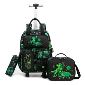 Geometric Dinosaur Rolling Backpack Set for Kids | 3-in-1 Backpack + Insulated Lunch Bag + Pencil Pouch | Prehistoric Explorer Design | Back to School Essentials box pencil case