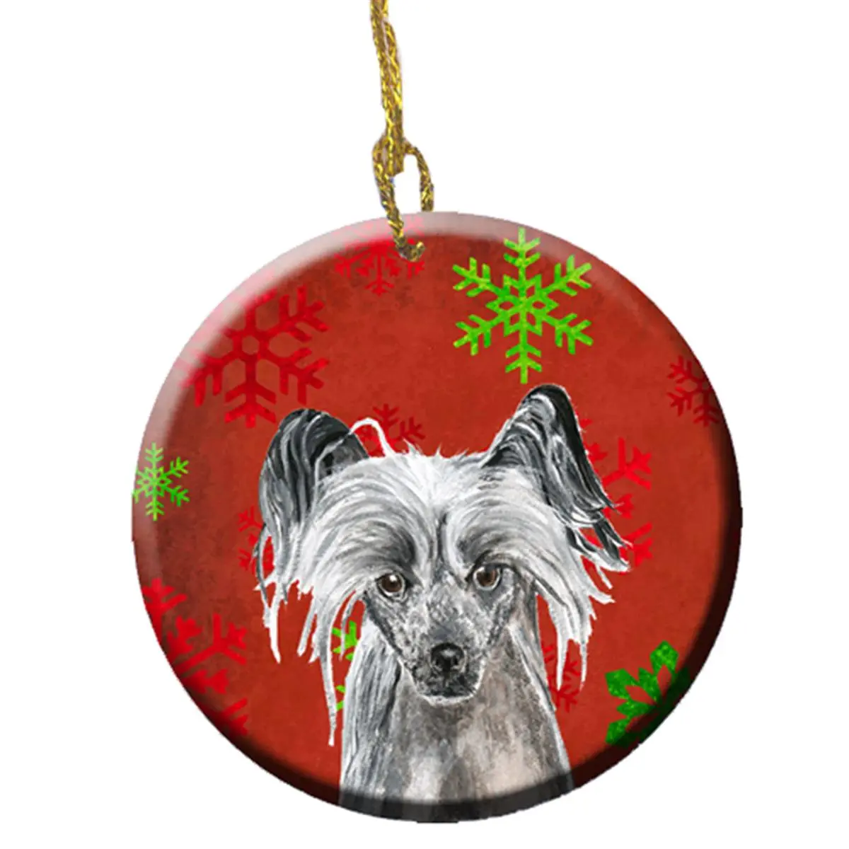 Chinese Crested Red Snowflakes Holiday Ceramic Ornament, 2.81 Dia