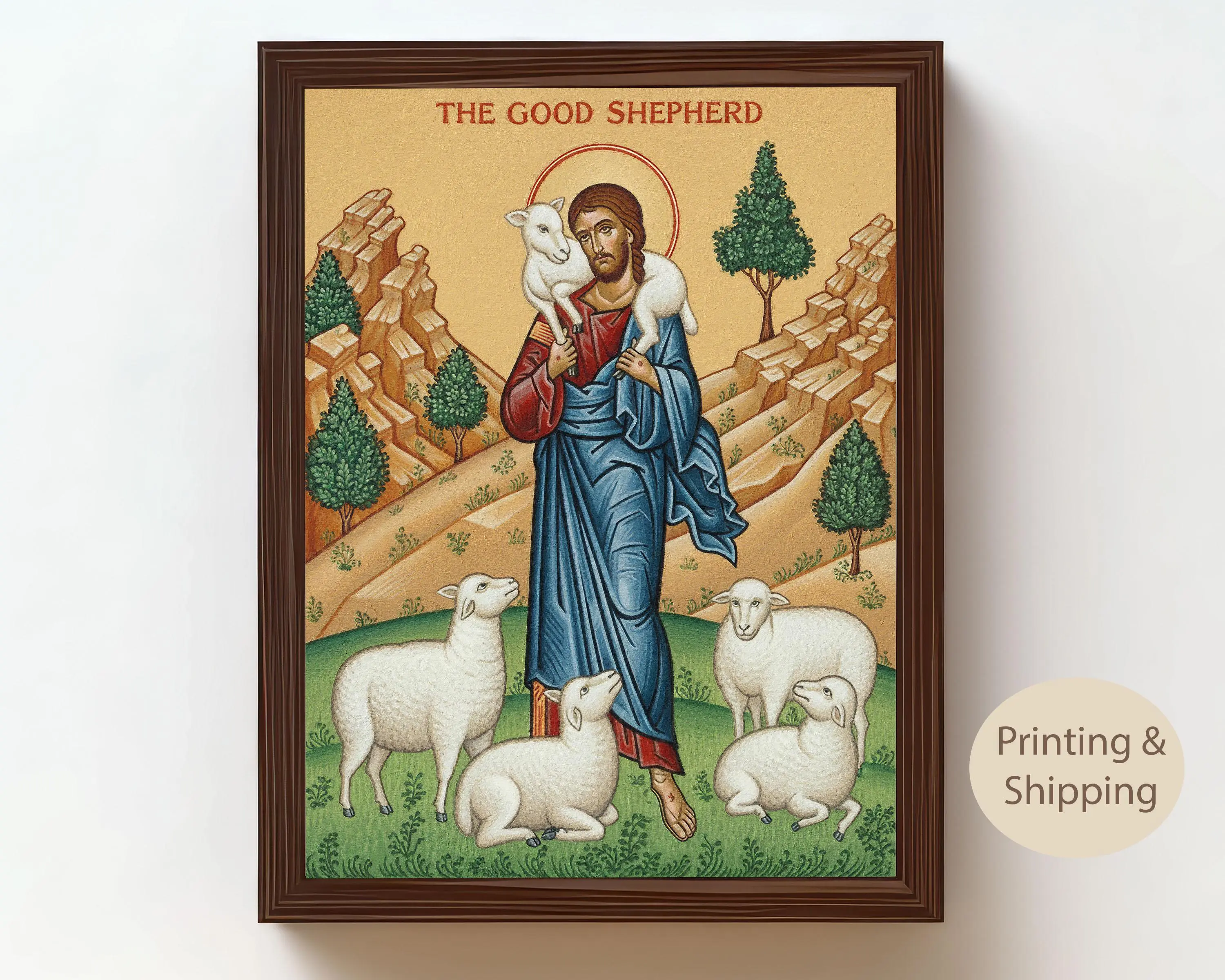 Good Shepherd Orthodox Icon: Jesus Christ Byzantine Wall Art Decor UnFramed