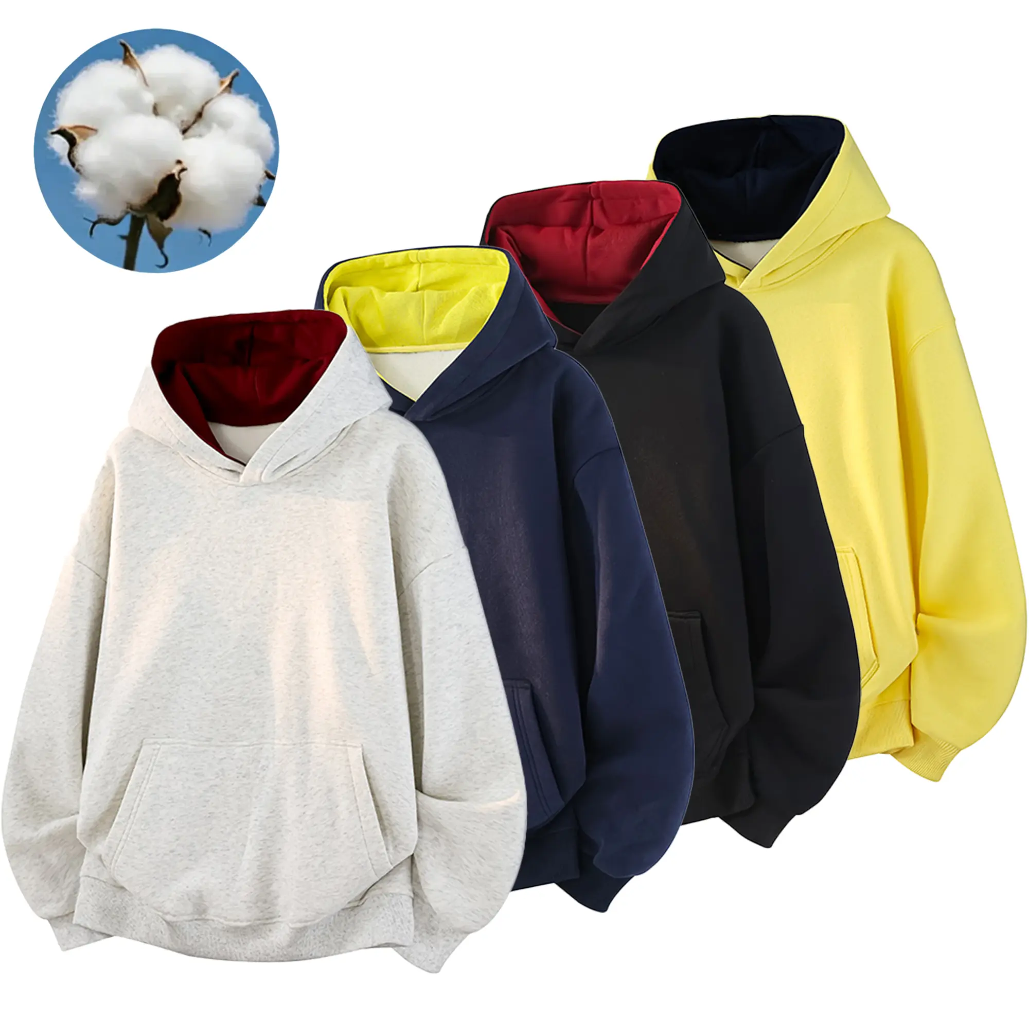 Men’s cotton color-block hoodie sweatshirt, relaxed drop-shoulder casual basic pullover, available in four colors