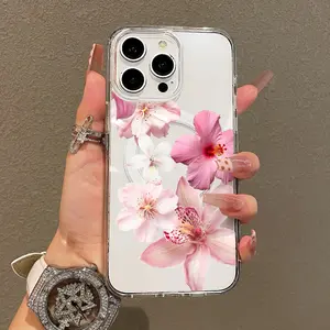 Magnetic Soft Case for iPhone11/12/13/14/15/16/promax, Pink flowers, delicate beauty MagSafe Compatible,Aesthetic Pattern Design Lightweight,AntiScratch,and Trendy