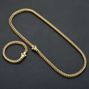 2PCS 14K Gold Plated Jewelry Set: 6mm S-Logo Necklace & Matching Bracelet (7.5"/8.5"), Non-Tarnish & Waterproof Miami Hip Hop Style, Perfect Gift for Men