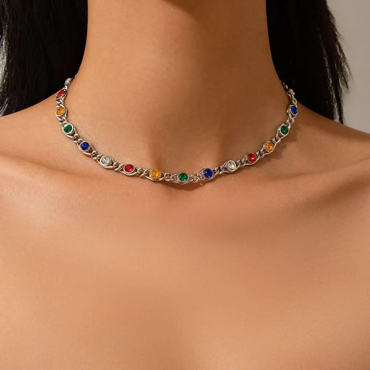 Bohemian fashion, versatile, colorful zirconium necklace with stainless steel frame and 18K gold plating, suitable for both men and women.