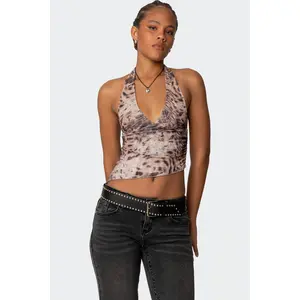 Leopard Mesh Asymmetric Halter Top