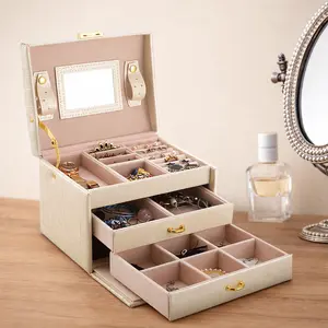 Elegant 3-Layer Lockable Jewelry Box with Mirror, PU Leather Display Cabinet, 20 Storage Compartments, Portable Travel Case for Bracelets, Earrings, Rings, Necklaces  Plaid Design Makeup Bag