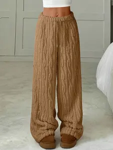 Ezwear High Waist Loose Fit Sport Pants, Camel Color, Drawstring Design, Fall & Winter, Women's Casual Home Wear