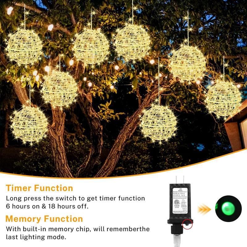 Outdoor Christmas Balls Lights 4 Pack Hanging 7.9" LED Garden Sphere Tree Lights 8 Modes  Glow Globe Lights with Memory Timer Plug for Party Yard Porch Eave Patio Xmas Decorations-Warm White