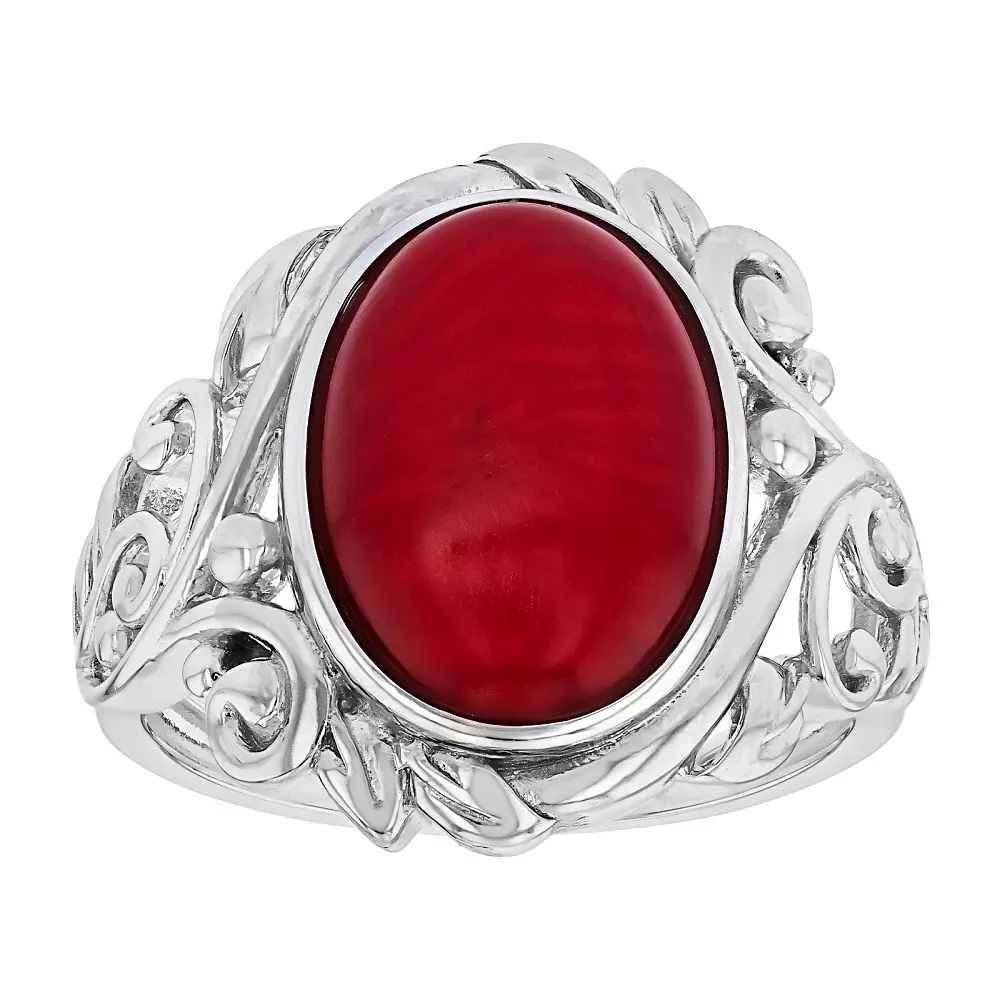 JTV Red Bamboo Coral Rhodium Over Sterling Silver Solitaire ring