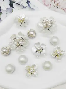 Faux Pearl & Rhinestone Decorated Bling Shoe Charms(12 Pcs/set), Elegant Flower Design Shoe Decoration, Fashionable Shoes Accessories for Women & Girls, Cute Shoe Charms