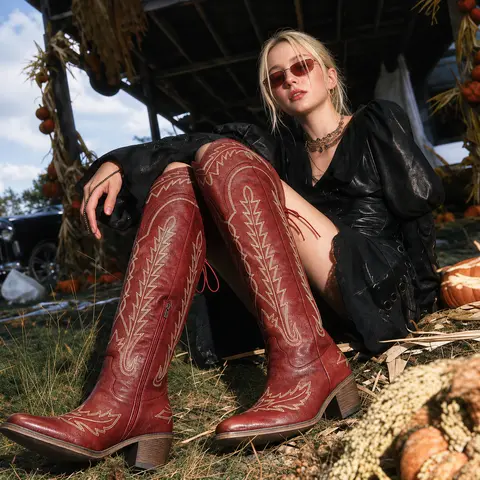 Women's Embroidered Wide Calf Over-the-Knee Leather & Faux Leather Western Cowgirl Boots - Pointed Toe, Block Heels, Side Zip On/Off, Rubber Sole, Decor, Cowgirl Stuff, Affordable Gift, Shoes for Women