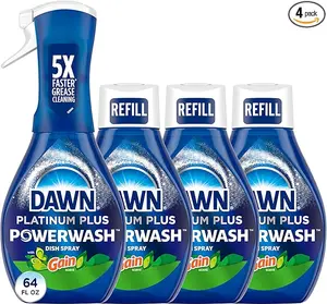 Dawn Platinum Plus Powerwash Original Dish Spray Kit - 64 FL OZ Refill Bottle, 4 Pack, 5X Faster Grease Cleaning, Gain Scent Detergent