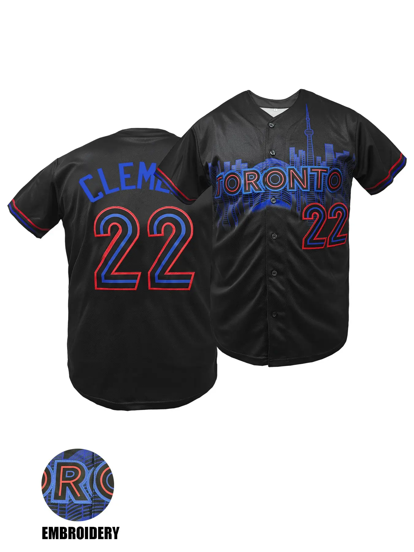 Men's TORONTO #22 Black City Print Letter Embroidered Baseball Jersey, Loose V-Neck Baseball Shirt,Short Sleeve Button Up Sportswear Top Active Top For Street Hip Hop, Baseball, Golf Training