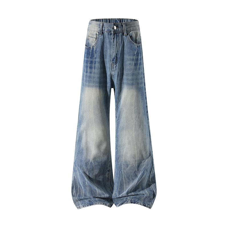 Men's Spring and Autumn Solid Color Vintage Washed Denim Pants, Loose Straight-Leg Workwear Casual Pants, Trendy New Floor-Length Jeans, Couple's Washed Wide-Leg Pants, Street Style Versatile Fashionable Men's Trousers, Men's Jeans Suitable for Everyday W