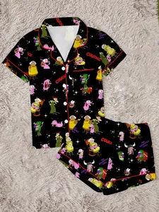Women's Pajama Set Pjs, Dog Print Two-Piece Comfortable Sleepwear Loungewear, Short Sleeve Button-Up Top Shirt and Elastic Shorts, Casual Homewear, Party Gift