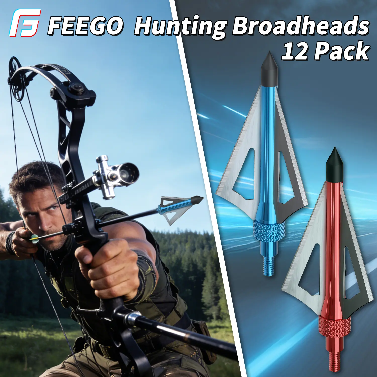 FEEGO Fire hydrant pole and 12 Pack 3 Fixed Blade Archery Hunting Broadheads 100 Grain with case, durable screw-in arrow head tips that fit compound bow & crossbow, professional archery hunting accessories for outdoor shooting use Steel Rod
