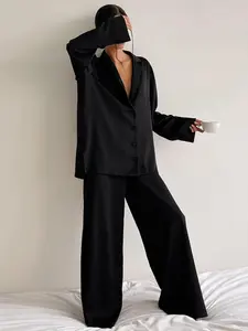 Women's Solid Button Front Satin Pyjama Two-piece Set, Drop Shoulder Long Sleeve Top & Wide Leg Pants Pj Set, Casual Comfy Loungewear Set for Women, Pyjamas for Women, Nightwear, Pajama Set, Sleepwear Pajamas Set