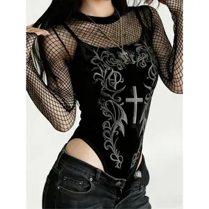 Gothic Dark Y2K Hollow Out Mesh Patchwork Cross Velvet Women's Bodysuit, Halloween Style, Long Sleeve, All Seasons