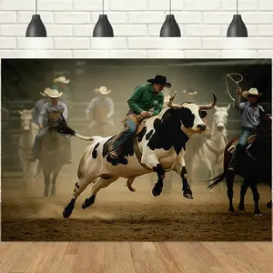 1pc 2D Western Rodeo Theme Banner, HD Bull Riding Scene with Dusty Atmosphere, Wild & Powerful Vibe, Perfect for Cowboy Parties, Western Events & Rodeo Competitions Decor Backdrop